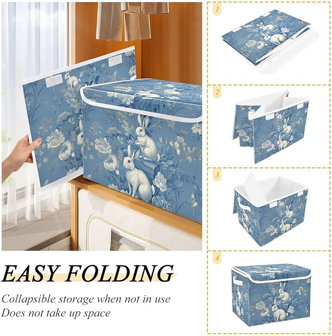 susiyo Large Foldable Storage Bin with Flip-Top Lid Chinoiserie Rabbits Storage Box Collapsible Closet Organizer Containers Boxes Decorative Baskets with Handles for Home Bedroom Living Room Office