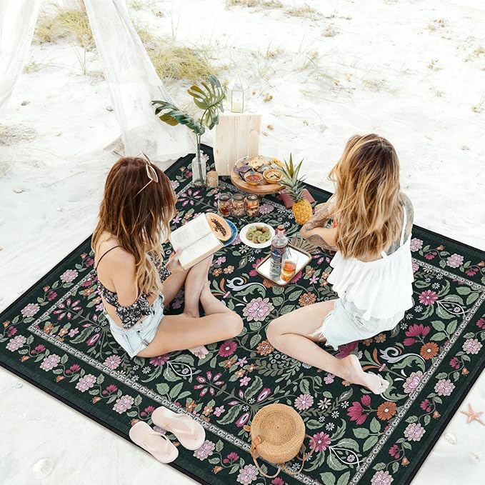 Floral Picnic Blankets Waterproof Foldable 60″X80″ Packable Picnic Mat Boho Outdoor Blanket for Grass Large Beach Blanket Sandproof Picnic Accessories for Camping Music Festival Park Lawn Travel