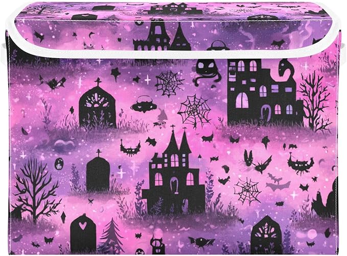Pink Halloween Castles Cat Tombstones Storage Box with Lid 1 PC Foldable Storage Bin with Lids Stackable Storage Bins Cube Closet Organizer Basket with Flip-Top Lid &amp Handles for Shoes Books