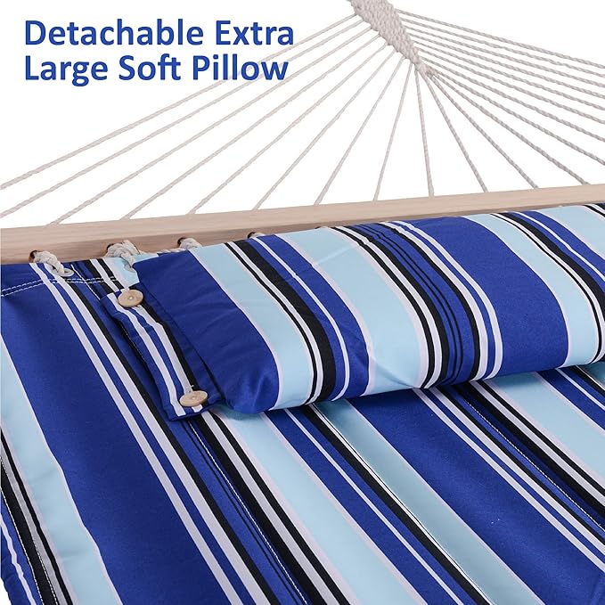 SUNCREAT Two Person Hammock with Stand Heavy Duty Free Standing Hammocks Outdoors for 2 Person Max 475lbs Capacity Blue Stripes