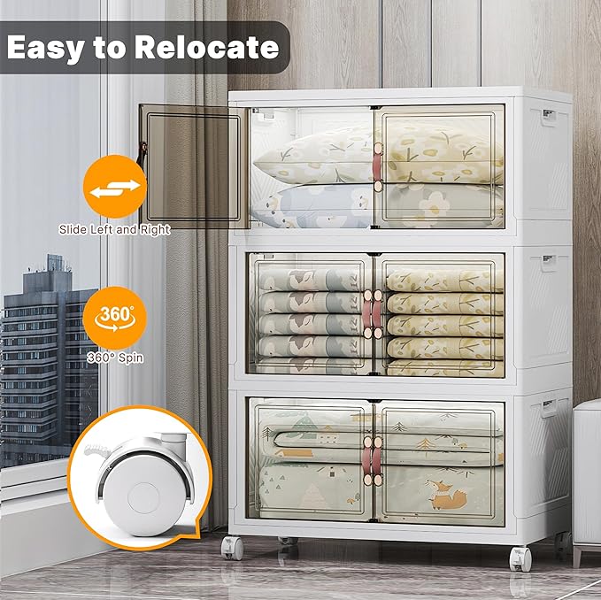 UAMFURI Stackable Storage Bins with Lids 525QT Closet Organizers and Storage with Doors and Wheels Extra Large Storage Cabinet Collapsible Plastic Drawers for Bedroom Dorm Office Garage