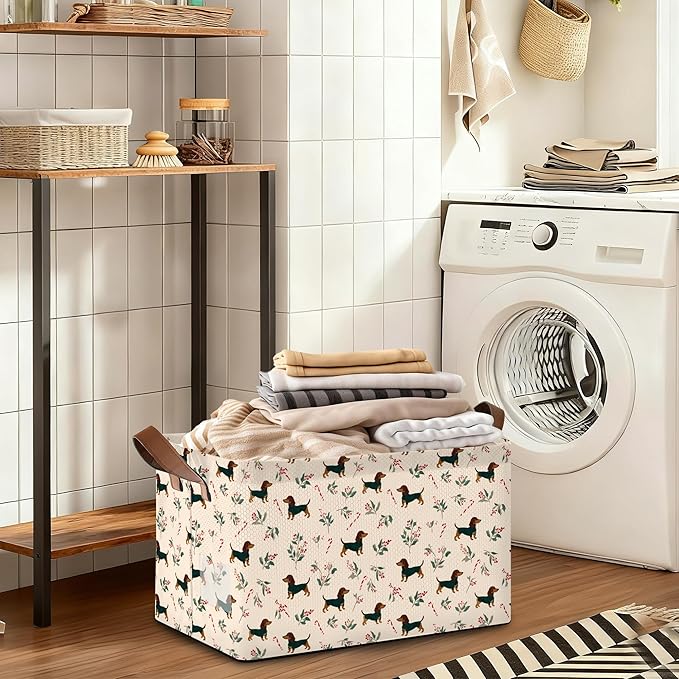 Christmas Dachshund Storage Bin with Handles Basket Storage Organizer for Shelves Closet Nursery Book Laundry Hamper &amp Home Decor