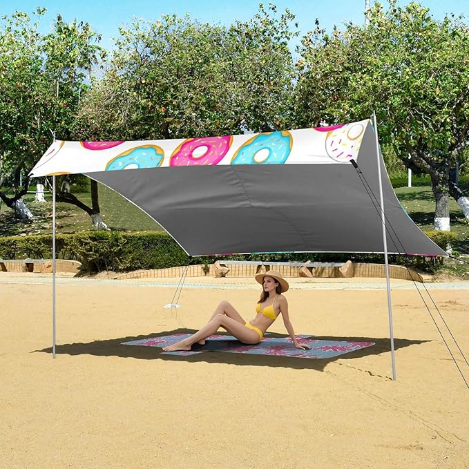 xigua Donuts Beach Tent Sun Shelter with Carrying Bag - Silver Coated Oxford Fabric Beach Canopy for Beach Camping Fishing - Includes Windproof Ropes Sandbags &amp Stakes