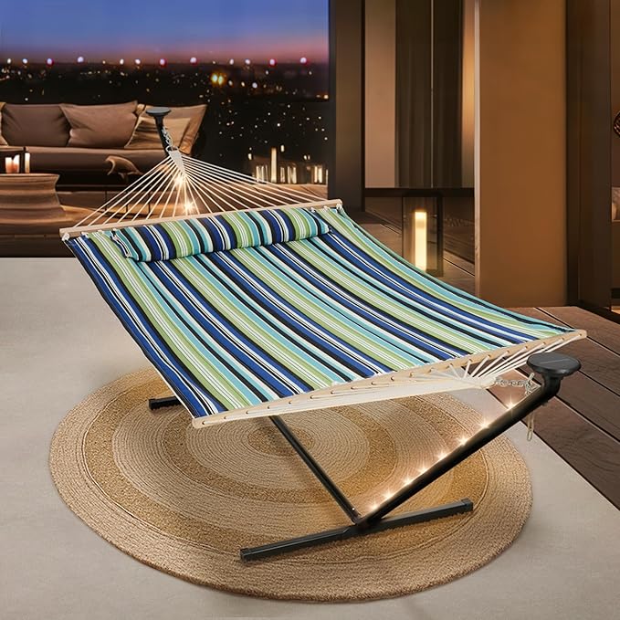 SUNCREAT Hammocks Stand Alone Hammock with Solar Powered Lights Portable Standing Hammock Green
