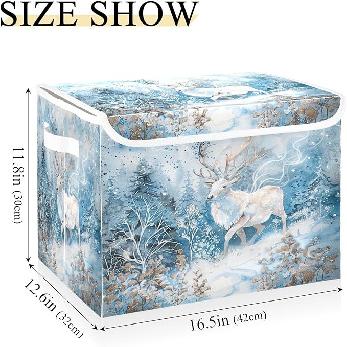 senya Winter Baskets Collapsible Storage Bins with Lids Winter White Reindeer Snow Storage Boxes Clothes Baskets for Organizing