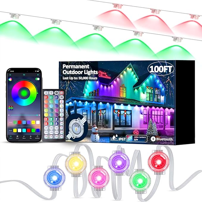 DIERLIGHT RGB Permanent Outdoor Lights 100FT Smart LED Eaves Lights with APP &amp Remote Control IP67 Waterproof Outdoor String Lights for Christmas HalloweenParty Garden Patio House Decor