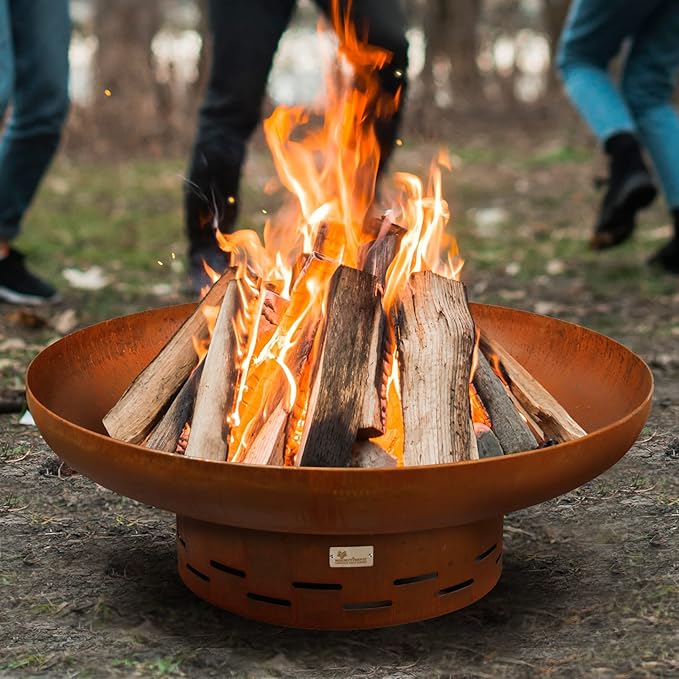 KOL Fire Pit for Outside Wood Burning 35.5 Inch Large Round Firepit Bowl Outdoor and Patio Heavy-Duty Bonfire Pit Oxidized Finish Free-Standing Camping Backyard Terrace