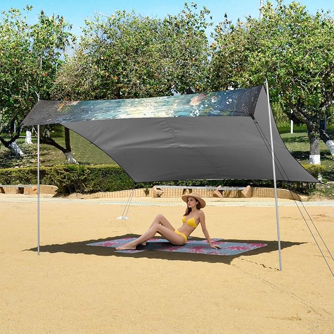 ALAZA Undersea Treasure Fish Beach Tent Sun Shelter UPF50+ Protection Beach Shade Canopy w/ 4 Sandbags for Outdoor Camping Fishing Backyard Fun Picnic 10x9 ft