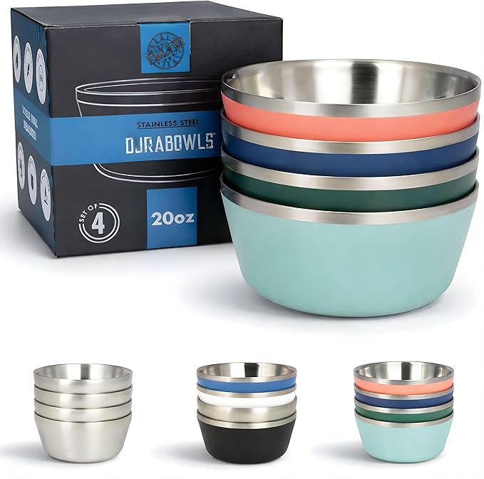 Stainless Steel Insulated Bowls for Kids and Adults - Set of 4-20 Oz Double Wall Metal Bowls for Ice Cream Soup Cereal Snack Rice Dish Camping (Assorted 2 (Navy Green Teal Blue Coral))