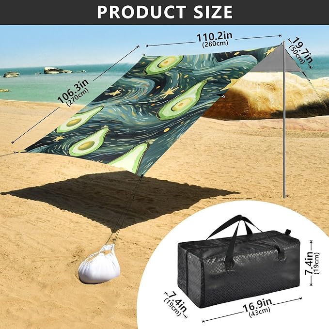 ALAZA Avocado Starry Night Galaxy Beach Tent Sun Shelter Portable Canopy Sunshade for Outdoor Camping Picnics Backyard Fun 10x9 ft