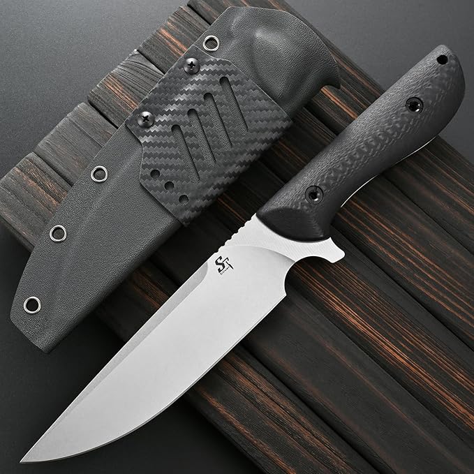 Sitivien ST33 Fixed Blade Knife VG10 Steel Blade Carbon Fiber Handle Full Tang Knife for Outdoor Activities Camping Hunting Fishing(Silver)