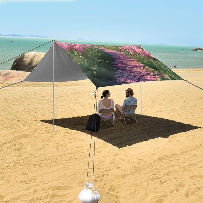 ALAZA Pink Tulips Windmill Beach Tent Sun Shelter Portable Canopy Sunshade for Outdoor Camping Picnics Backyard Fun 10x9 ft