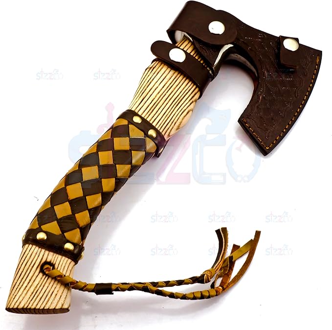 Custom Forged Carbon Steel Viking Style Bearded Axe - Real Hatchet Throwing &amp Camping Axe with Leather Wrap Best Gift for Anniversary Valentine's Day Birthday with Premium Leather Sheath