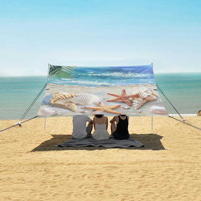 ALAZA Starfish Palm Seashells Summer Beach Sand Beach Tent Sun Shelter Portable Canopy Sunshade for Outdoor Camping Picnics Backyard Fun 10x9 ft