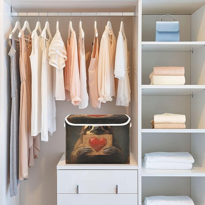 AIXIWAWA Lidded Storage Cube (Sloth with Heart) Fabric Foldable Closet Bins with Flip Lid and Handles Organizer Basket Container 16.5 x 12.6 x 11.8 IN