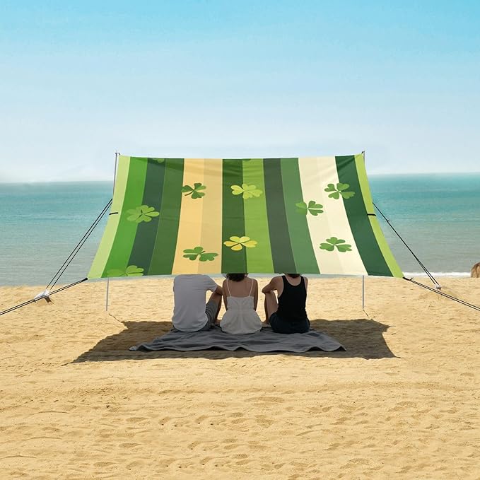 St Patrick's Clovers Stripes Beach Tent Sun Shelter Set UPF50+ UV Protection 10.5 x 9.19 FT Camping Shade Canopy with Sandbags Sand Anchors Carrying Bag and Others