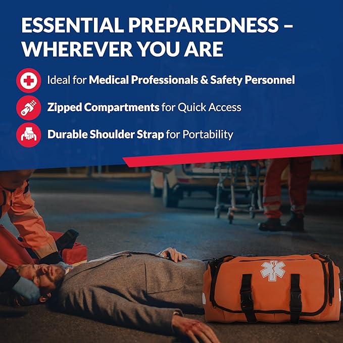 First Responder Trauma First Aid Kit Bag – Fully Stocked Emergency Medical Kit for Workplace Vehicle &amp Home – OSHA &amp ANSI Compliant – Portable – Orange