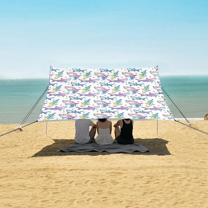 ALAZA Rainbow Color Shark Bubble Beach Tent Sun Shelter UPF50+ Protection Beach Shade Canopy w/ 4 Sandbags for Outdoor Camping Fishing Backyard Fun Picnic 10x9 ft