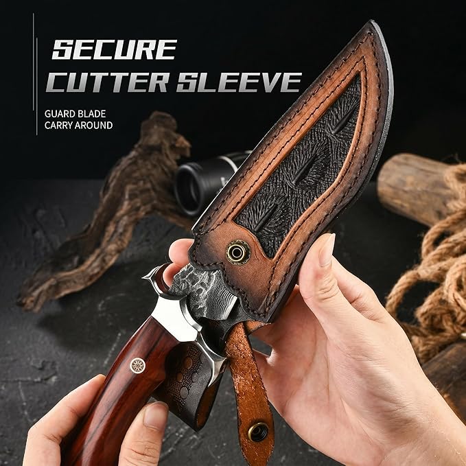 10.2 Fixed Blade Outdoor Hunting Knife Damascus Pattern 9Cr18 Stainless Steel Forged Blade with Hammered Finish Ergonomic Wood Handle &amp Embossed Leather Sheath Ideal for Camping Survival &amp