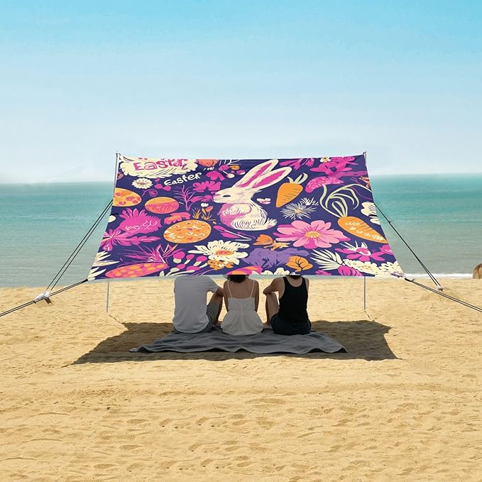 Happy Easter Rabbit Carrots Bowknot Daisy Egg1 Foldable Beach Canopy UPF50+ Waterproof Portable Sun Shelter with Sandbags &amp Sand Shovel for Camping Picnics Backyard &amp Fishing