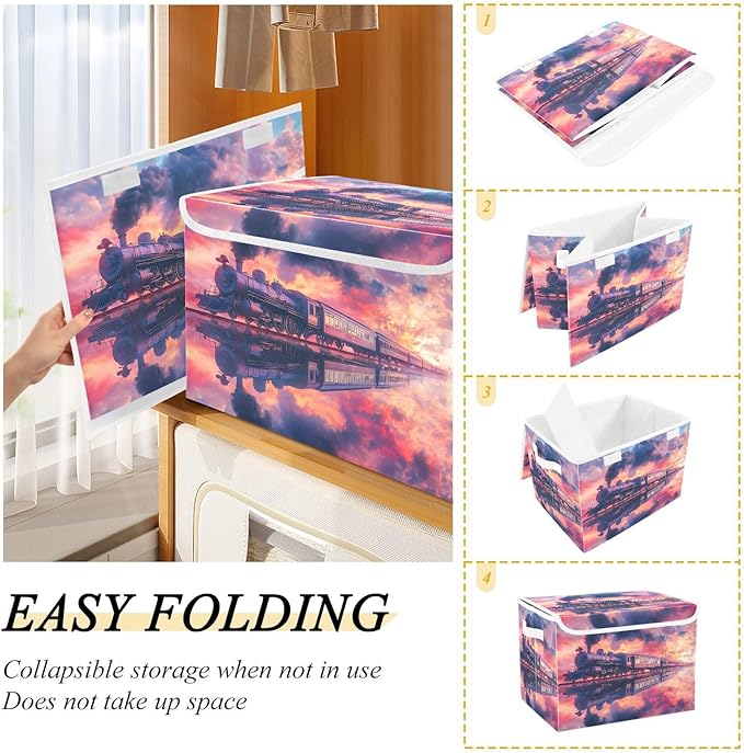 Storage Cube with Lid Surreal Train Print 16.5×12.6×11.8 IN Collapsible Large Capacity Foldable Storage Basket Bin Organizer