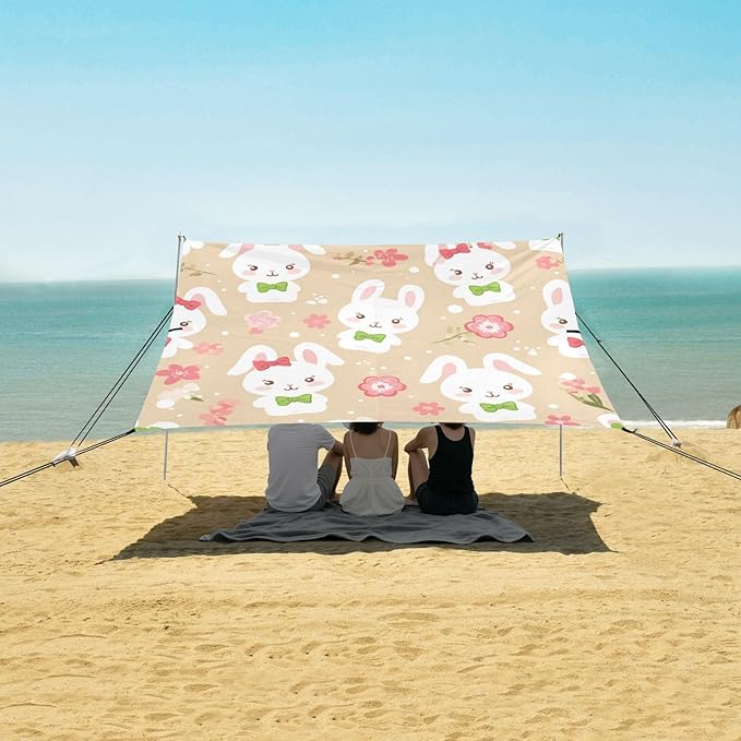 xigua Rabbit Beach Tent Sun Shelter with Carrying Bag - Silver Coated Oxford Fabric Beach Canopy for Beach Camping Fishing - Includes Windproof Ropes Sandbags &amp Stakes