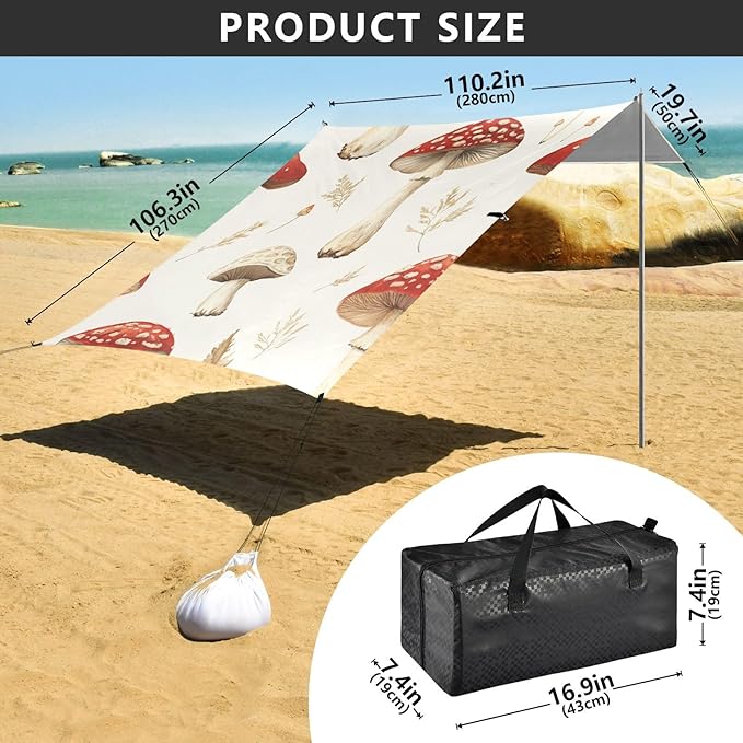 ALAZA Vintage Mushroom Beach Tent Sun Shelter Portable Canopy Sunshade for Outdoor Camping Picnics Backyard Fun 10x9 ft