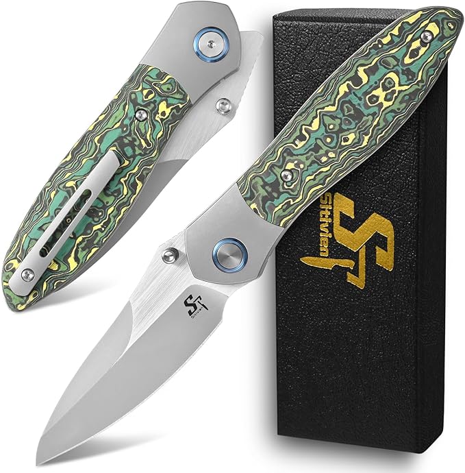 Sitivien ST273 Folding Knife S90V Steel Blade Titanium &amp Carbon Fiber Handle Knife with Pocket Clip for Outdoor Camping Hiking Survival Hunting (Green)