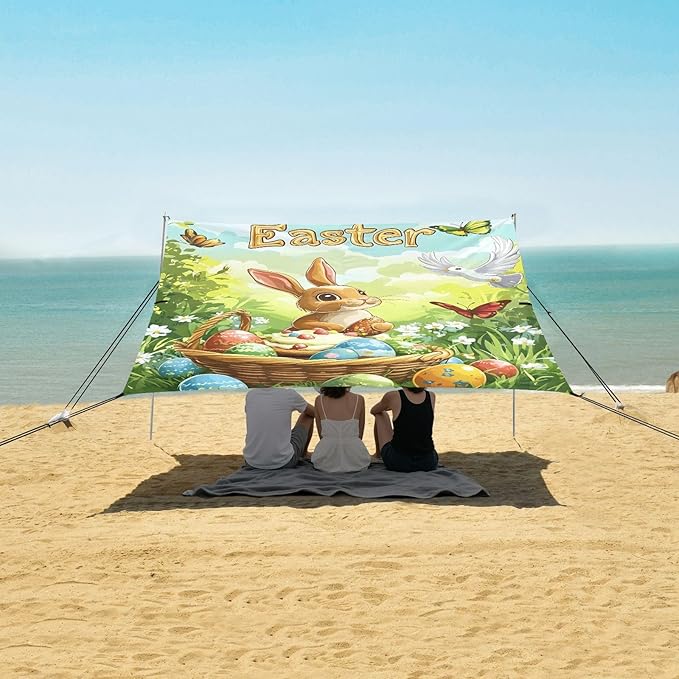 Happy Easter Eggs Spring Bunny Beach Tent Sun Shelter Set UPF50+ UV Protection 10.5 x 9.19 FT Camping Shade Canopy with Sandbags Sand Anchors Carrying Bag and Others