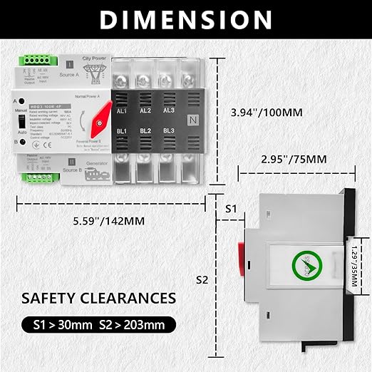 Mini ATS Automatic/Manual Transfer Switch 4P 100A AC110V W2R 50/60HzAuto Dual Power Switch for Home Generatorwith Din Rail