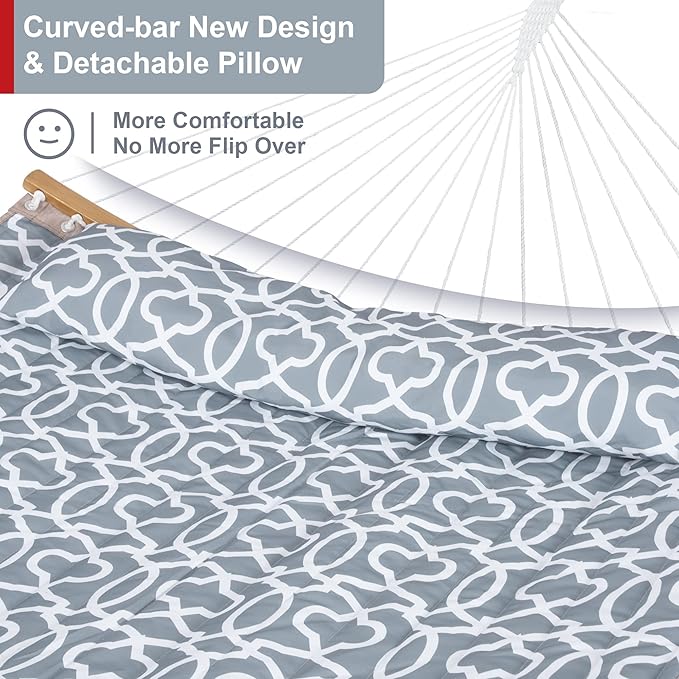 Double Hammock with Stand Included Portable Hammock with Curved Spreader Bar Pillow and Carrying Bag 450 Lbs Capacity Grey Pattern
