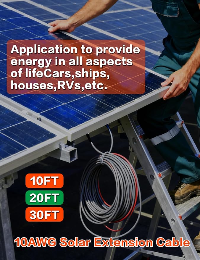 20Feet 10AWG Solar Extension Cable with Female &amp Male Connectors 6mm Solar Panel Weatherproof Wires for Solar Panels RV Marine Camper Ferry Black &amp Red PV Tinned Copper Extension Cord Kit