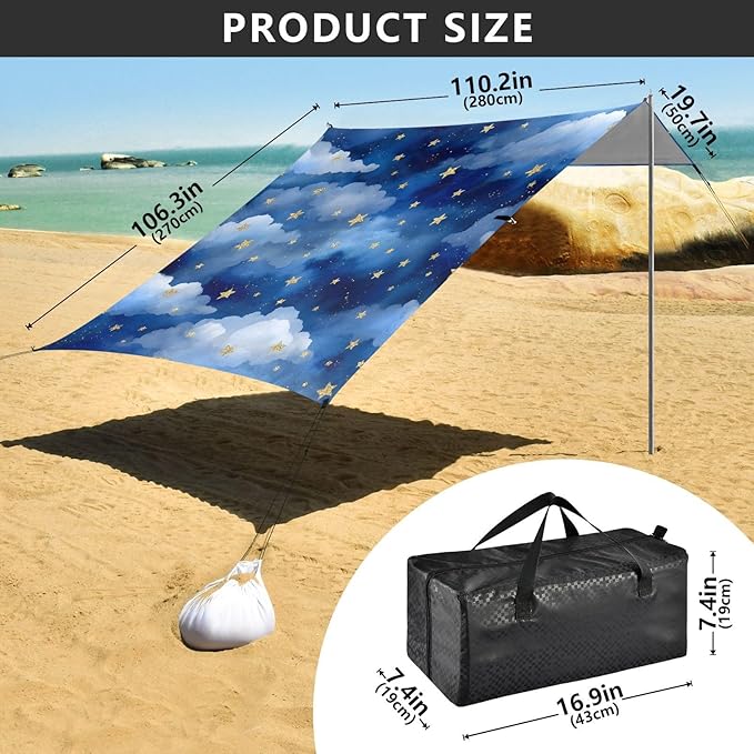 ALAZA Blue Clouds Stars Beach Tent Sun Shelter UPF50+ Protection Beach Shade Canopy w/ 4 Sandbags for Outdoor Camping Fishing Backyard Fun Picnic 10x9 ft