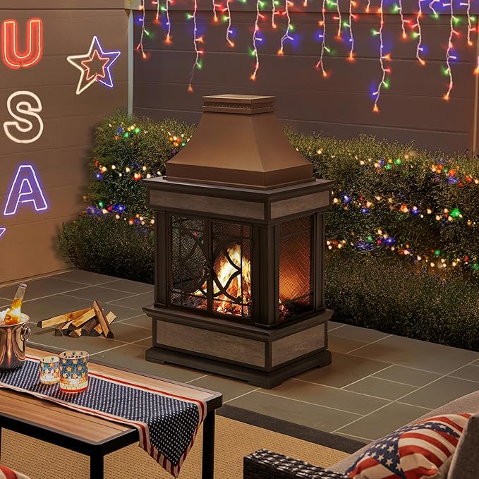 Sunjoy Outdoor Fireplace Smith Collection Patio Wood Burning Steel Fireplace with Chimney Spark Screen Fire Poker and Removable Grate Copper with Yellow Tile