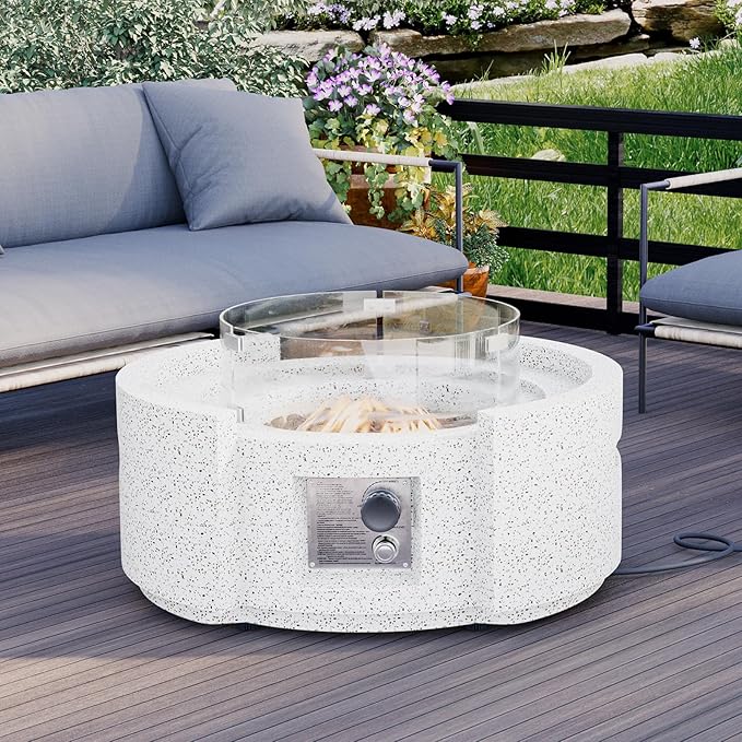 HOMPUS Round Fire Pit Table Outdoor Propane Fire Pit Table w Free Lava Rocks &amp Rain Cover Terrazzo Colorful Fire Pit Table w Wind Guard for Patio Outside