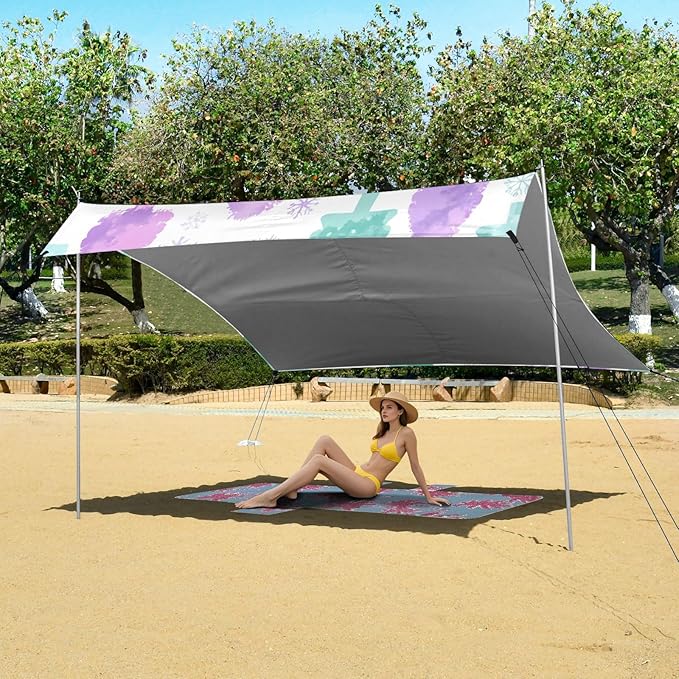 xigua Tree Snowflake Beach Tent Sun Shelter with Carrying Bag - Silver Coated Oxford Fabric Beach Canopy for Beach Camping Fishing - Includes Windproof Ropes Sandbags &amp Stakes