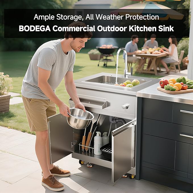 BODEGA Stainless Steel Outdoor Kitchen Sink Cabinet Outdoor Sink With Hose Hook UpSingle Bowl Kitchen Sinks With Brake Wheels &amp Spice Rac All-Weather Use Mobile Prep Station for BBQ Camping