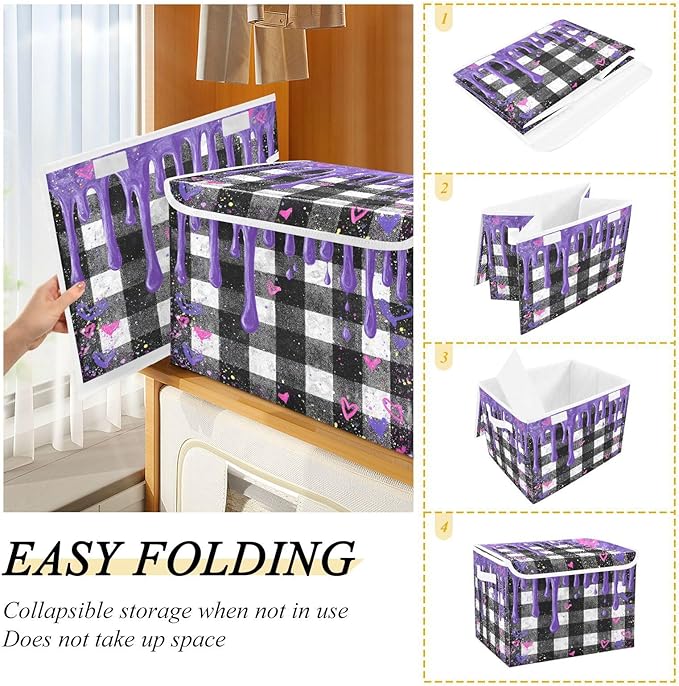 Storage Bins With Lid Stackable Fabric Closet Organizer Clothing Storage Large Boxes For Closet Shelves Bedroom Ice Cream Melting Checkered Hearts