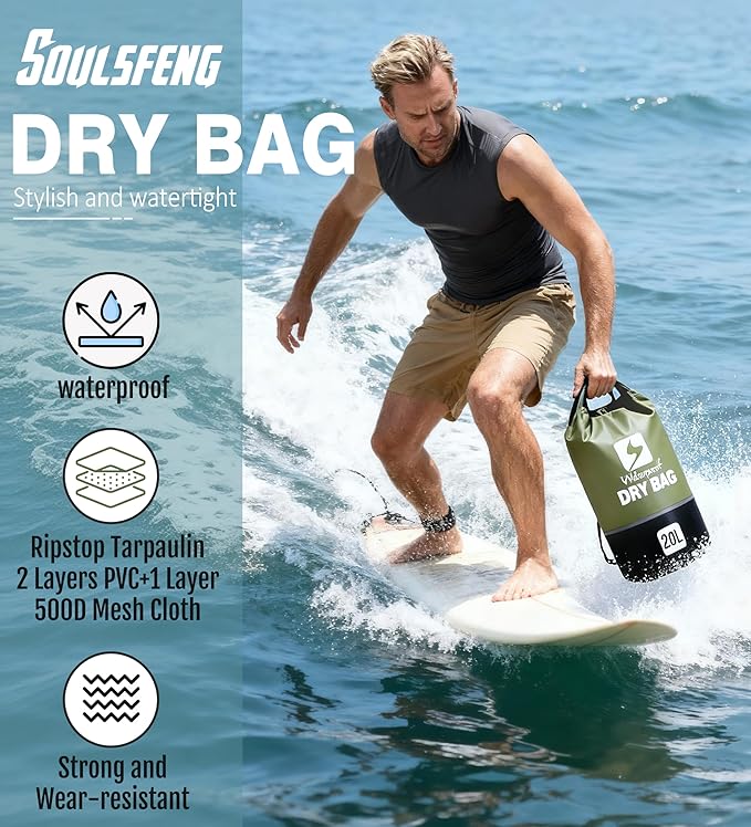 Soulsfeng Waterproof Dry Bag Roll Top Lightweight Dry Backpack for Boating Kayaking Travel Beach Swimming Hiking &amp Camping - Floating Dry Sack with Adjustable Shoulder Straps 20L