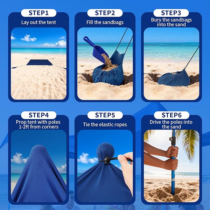 CROWN SHADES 10x10 Beach Tent Sun Shelter Easy Pop Up Beach Canopy Shade Portable Outdoor Carpas UPF50+ Includes 4 Poles Adjustable Aluminium Extra-Large Big Sand Shovel Dark Blue