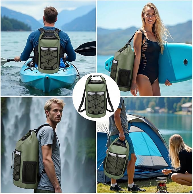 Pimoys Dry Bag 25L Waterproof Backpack Roll-Top Dry Bags Kayak Outdoor Travel Bag for Boating Kayaking Camping Fishing Hiking Rafting(Forest Green
