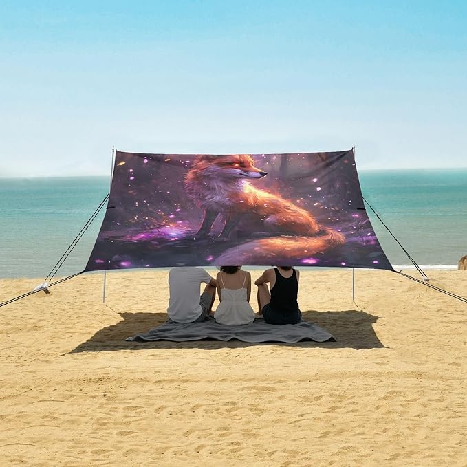 ALAZA Magic Fox Beach Tent Sun Shelter UPF50+ Protection Beach Shade Canopy w/ 4 Sandbags for Outdoor Camping Fishing Backyard Fun Picnic 10x9 ft
