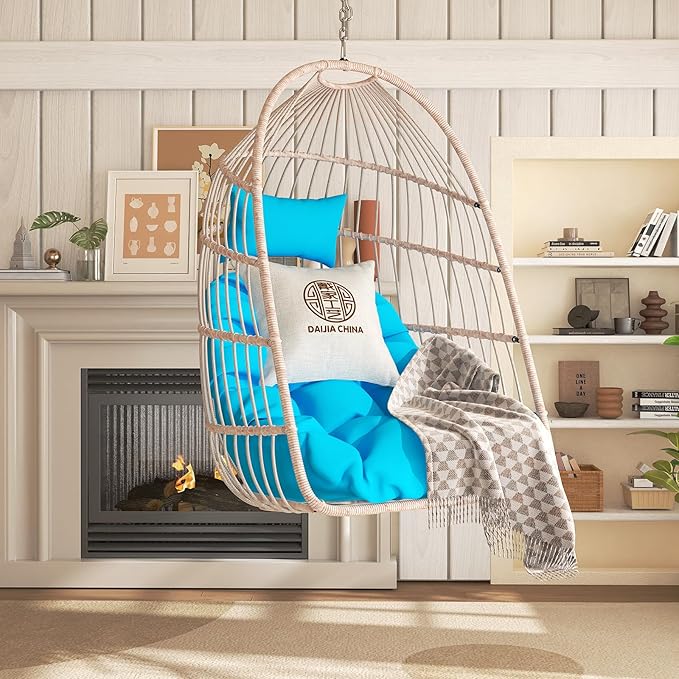 Hanging Egg Chair with Pillow HDPE Rattan Foldable Swing Chair with Aluminum Frame &amp UV Resistant Cushion Hammock Egg Basket Without Stand for Indoor Outdoor 350Lbs Capacity (Blue Cushion)