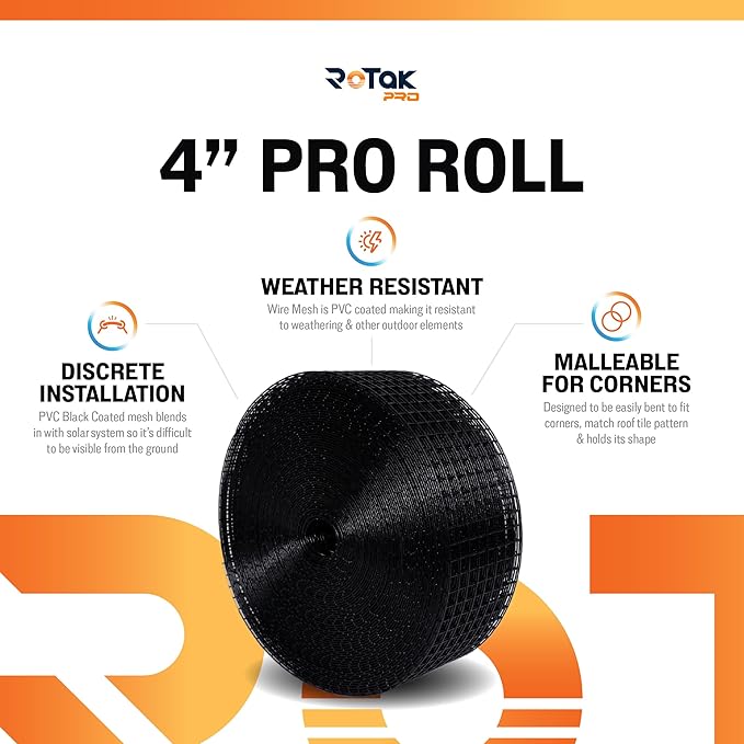 Rotak Critter Guard PRO - 4in x 100ft Solar Panel Bird Prevention Roll Kit with 100 Fastener Clips - Heavy Duty Galvanized Black PVC Coated ½ inch Wire Roll Mesh (4 PRO + 100 Clips)