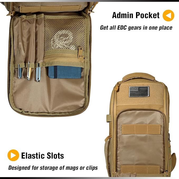 DBTAC Tactical Personal Defense EDC Bags &amp Packs | 10L Military Shoulder Backpack with Sling for Concealed Carry Range Travel Hiking Outdoor Sports (Brown)