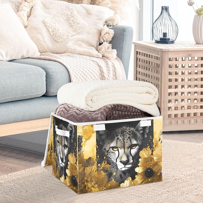 AIXIWAWA Lidded Storage Cube (Cheetah Gold Flower) Fabric Foldable Closet Bins with Flip Lid and Handles Organizer Basket Container 16.5 x 12.6 x 11.8 IN
