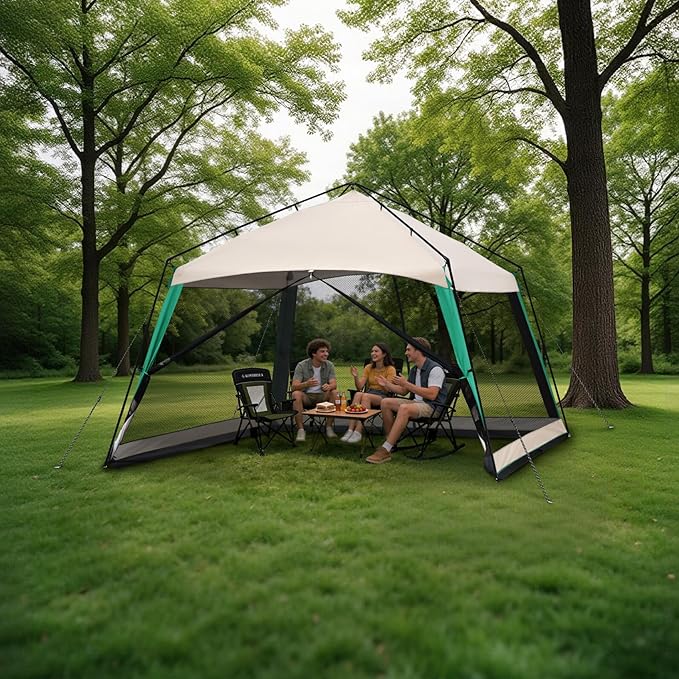 12 x 12 FT Camping Screen Tent for 8-10 Person Easy Setup Screen House with UV 50+ Sun Protection &amp Mosquito Net for Camping Backyard Picnic Patio Outdoor Beige &amp Cyan