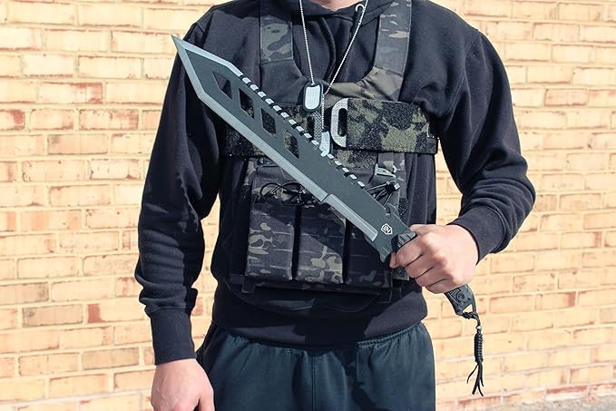 Sierra Zulu Trident Machete - Stainless Steel 24.0 inches Overall Modified Tanto Blade with Saw Tooth Back Edge - Tactical Nylon Sheath with Reversible Wear Strap