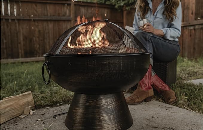 GasOne 22 in Round Outdoor Fire Pit - Wood Burning With Mesh Lid and Fire Picker - Durable Alloy Steel for Outside - Small for Backyard Porch Deck Camping BBQ