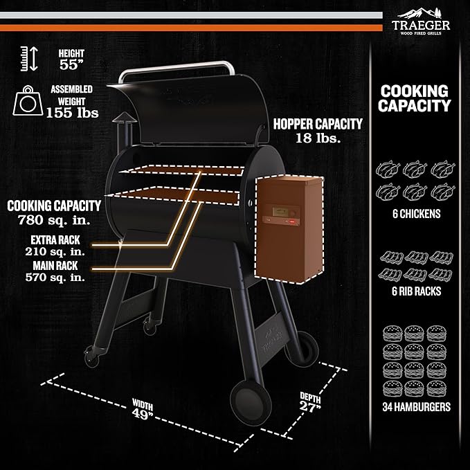 Traeger Grills Pro 780 Wood Pellet Smoker Grill 6-in-1 BBQ Pellet Grill Combo WiFi and App-Connected Electric Smoker 780 Square Inches of Grilling Area Temperature Control Black Finish